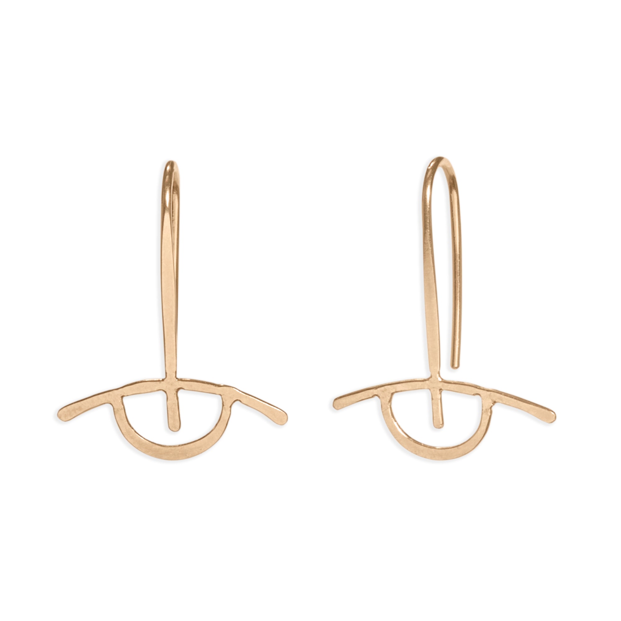 The Altar Hook, 14k gold earrings reminiscing the evil eye symbol, feature a semicircle suspended from a gold wire. 