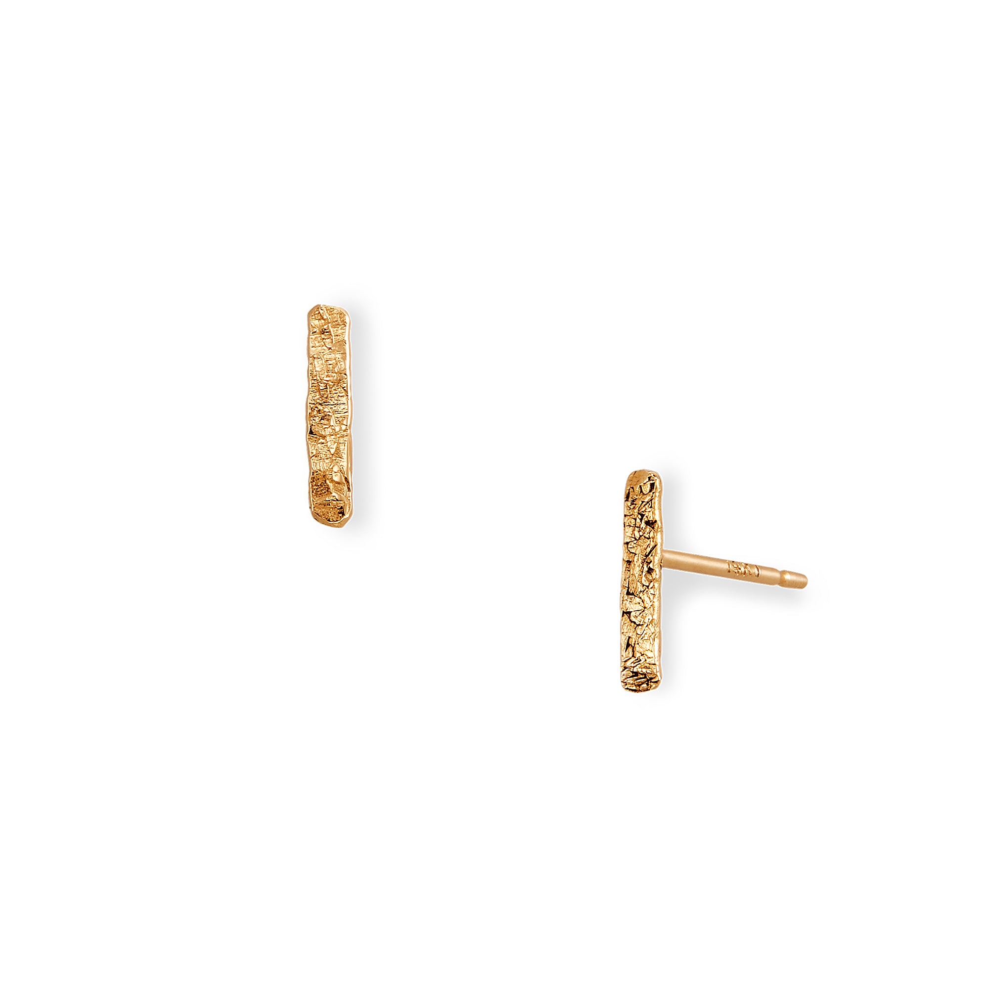 The Dash Stud, modern simplicity in 14k gold with your choice of classic hammered textured or nugget texture