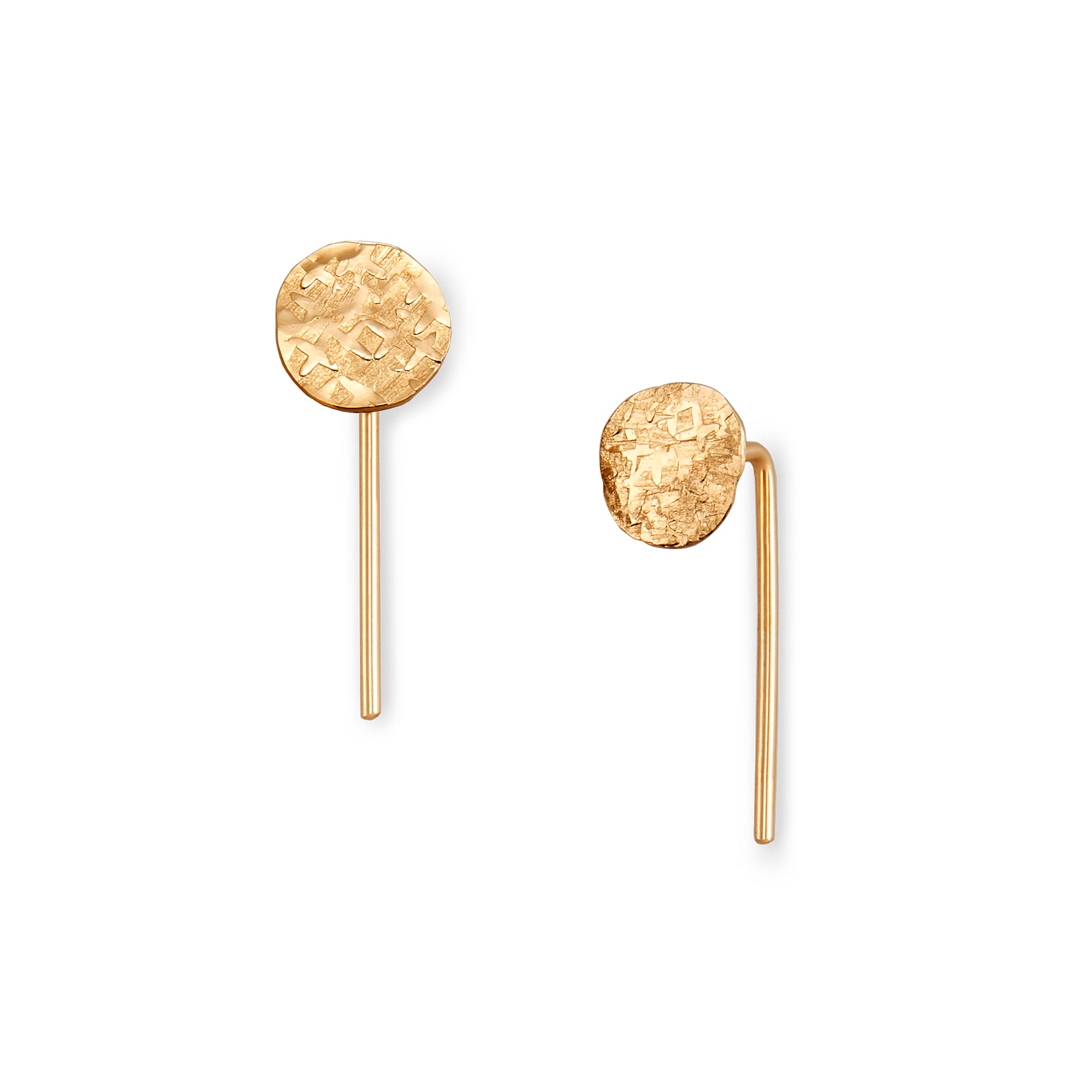 The Disc Hook, modern simplicity in 14k gold with your choice of classic hammered textured or nugget texture