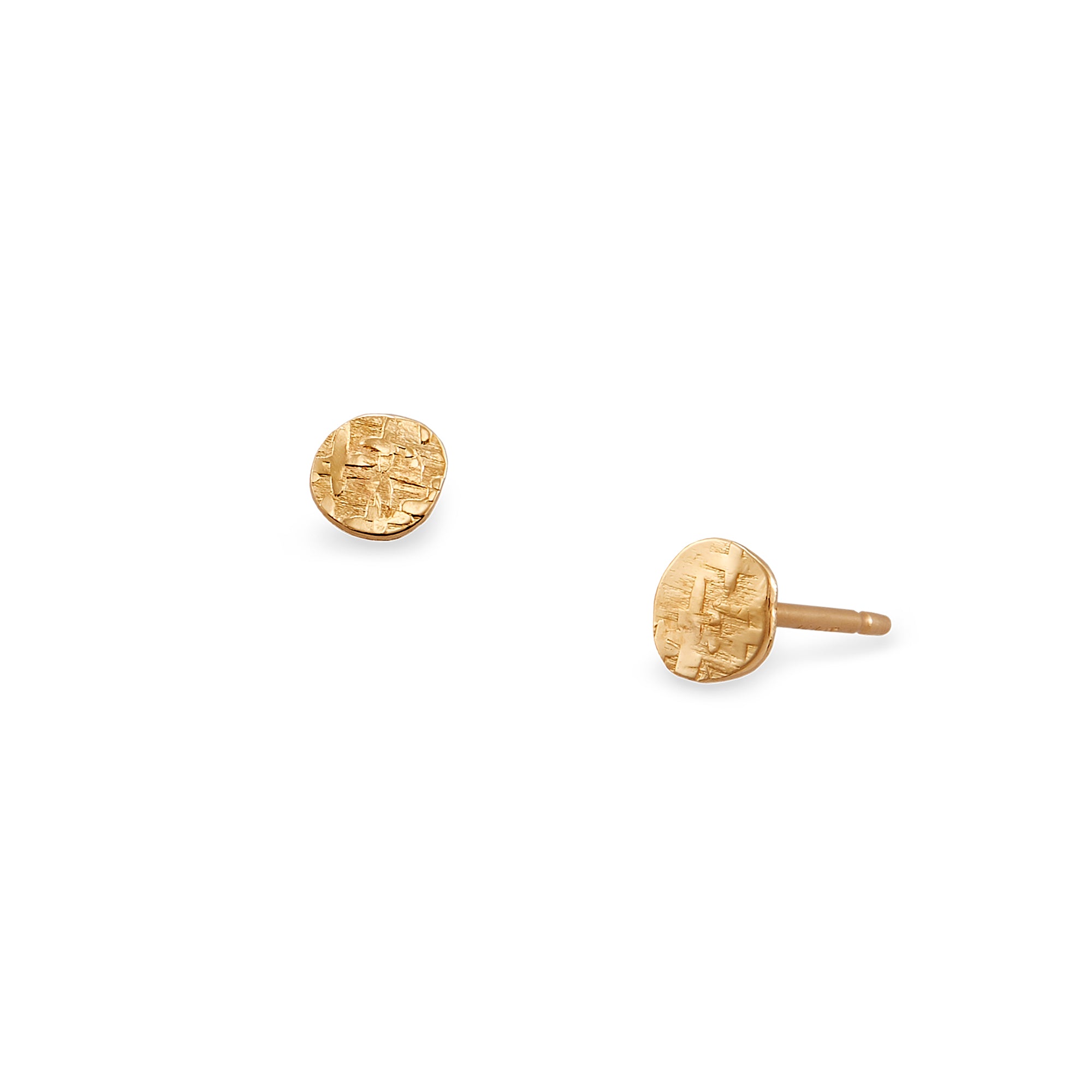 The Dot Stud, modern simplicity in 14k gold with your choice of classic hammered textured or nugget texture