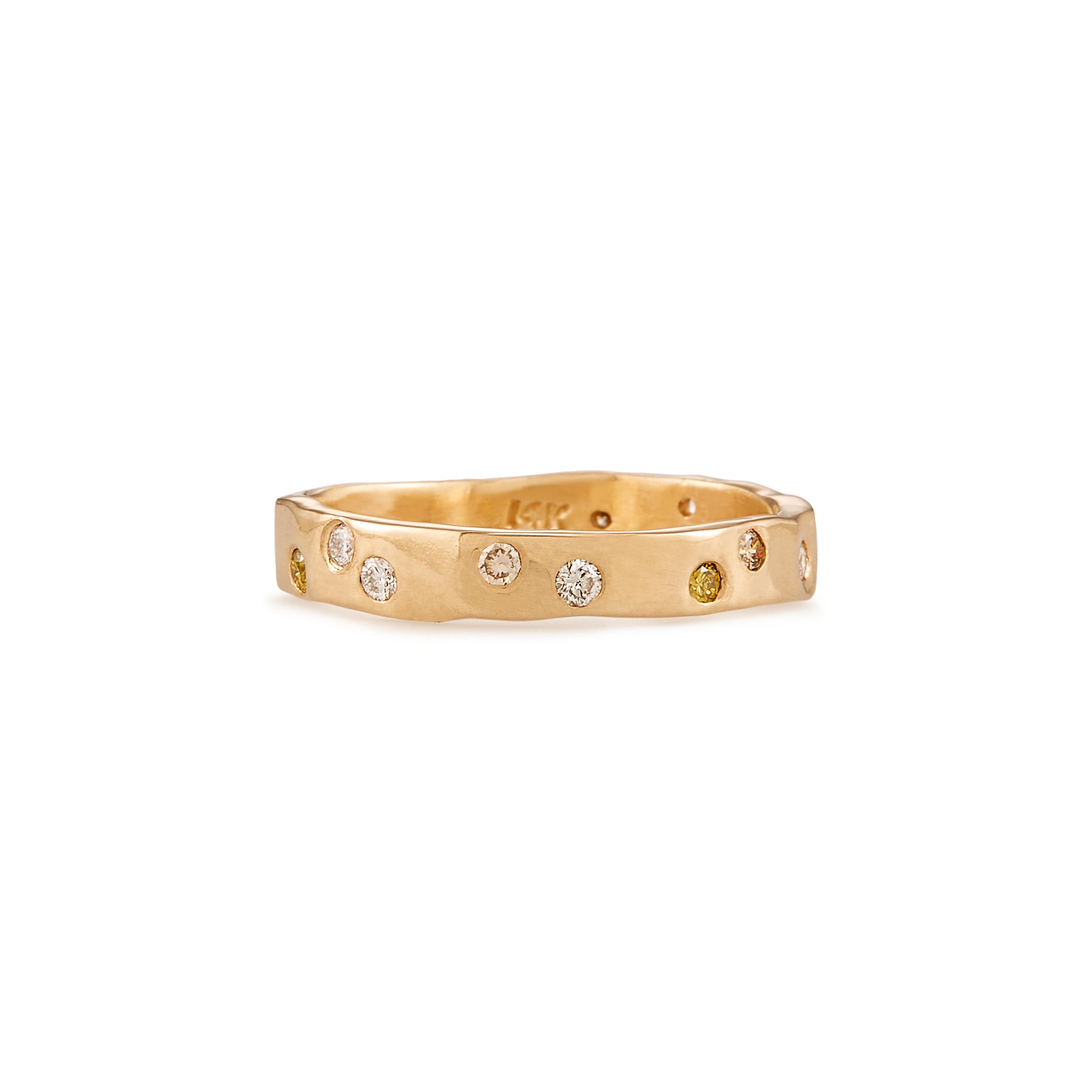 This ONE-OF-A-KIND constellation eternity band features yellow, champagne and white diamonds scattered across the entire ring