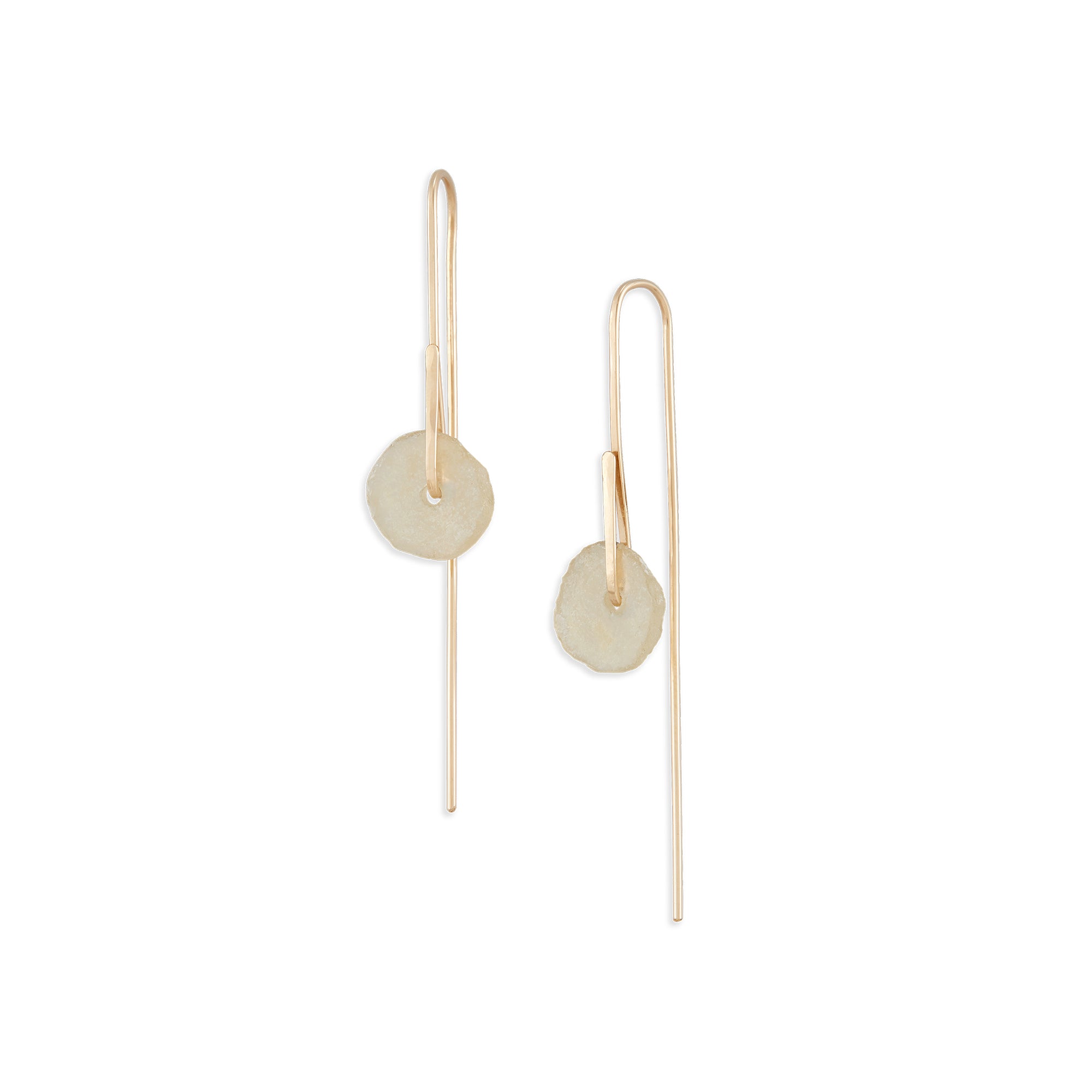 Simple small threader style earrings featuring hand-hammered 14k gold wire and a pair of Bactrian Glass beads