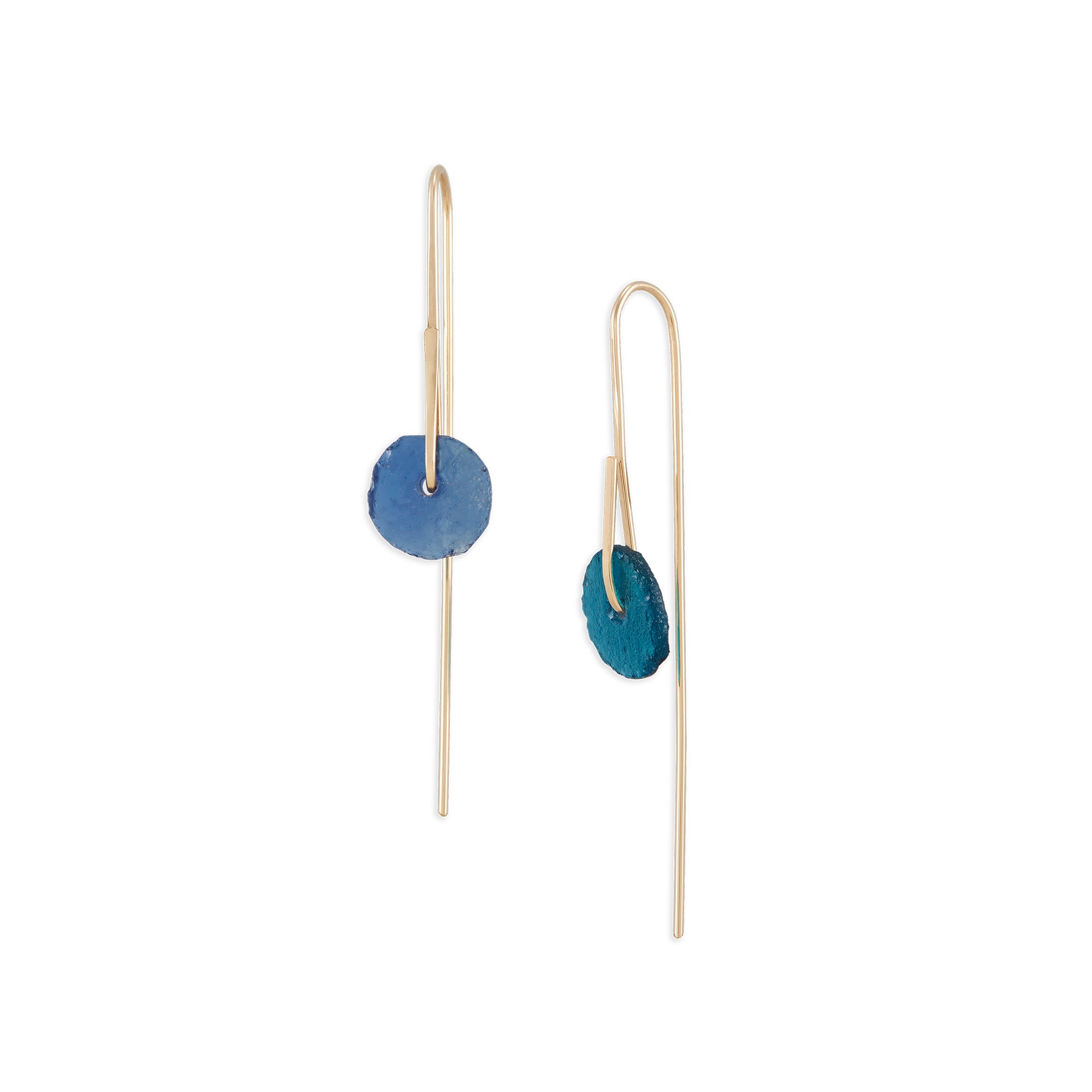 Simple small threader style earrings featuring hand-hammered 14k gold wire and a pair of Bactrian Glass beads