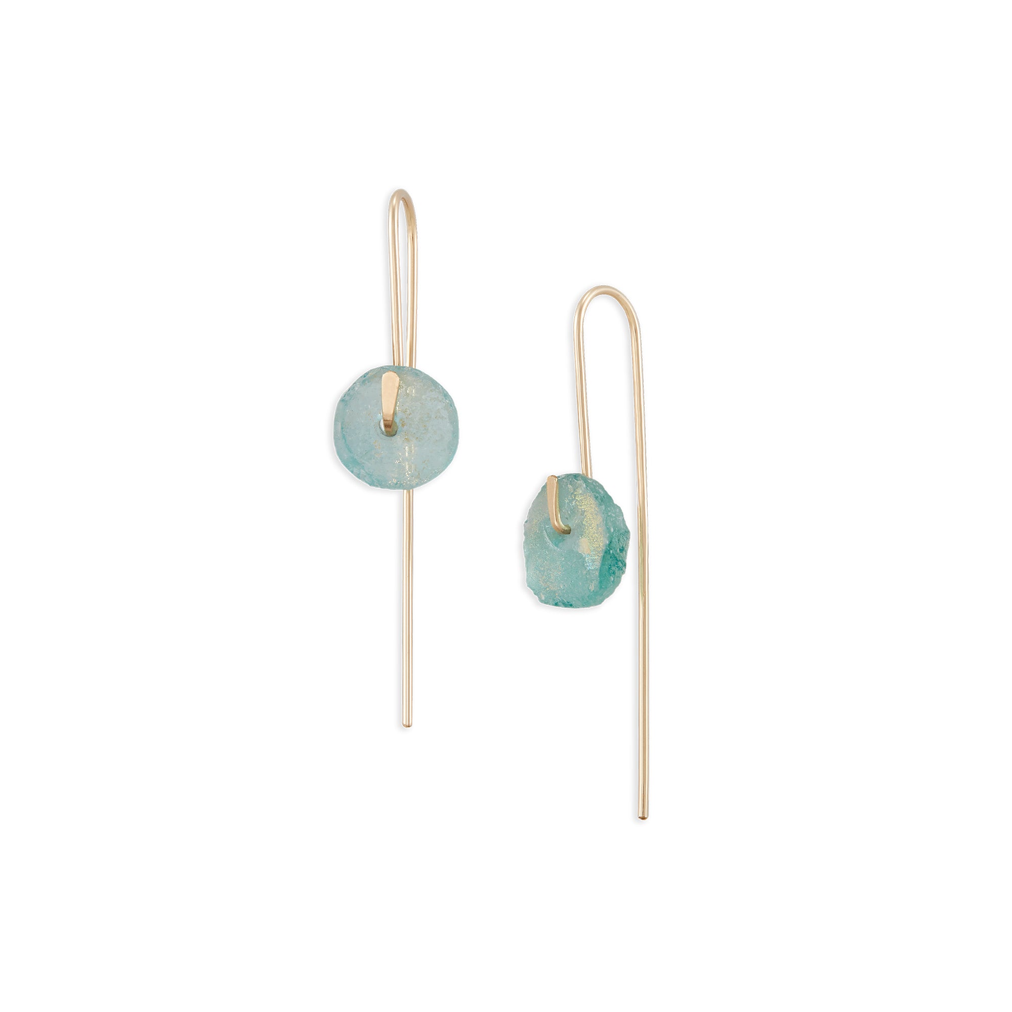 The Medium Bactrian Hook are simple threader style earrings featuring a one of a kind pair of Bactrian Glass beads. 