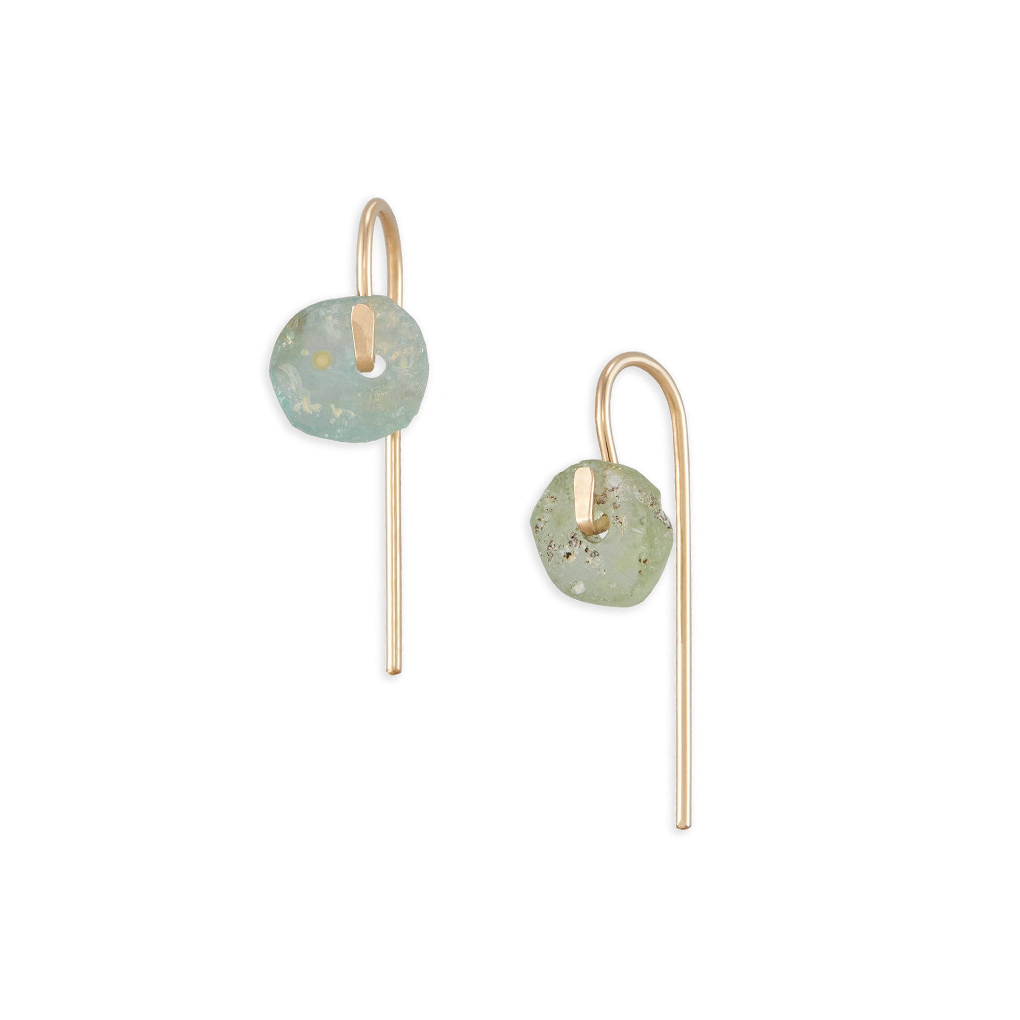 This small 14k gold hook is a threader style earring featuring a pair of unique Bactrian Glass beads. 