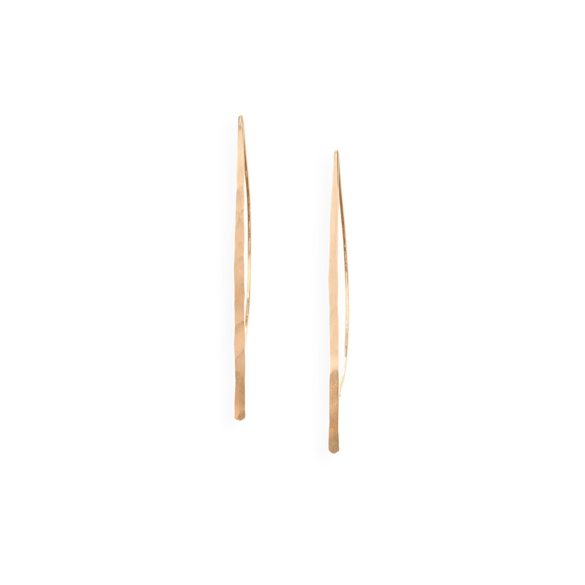 14k gold Bow Hook, delicate threader earrings feature a forged wire front and an arch that hangs behind the earlobe