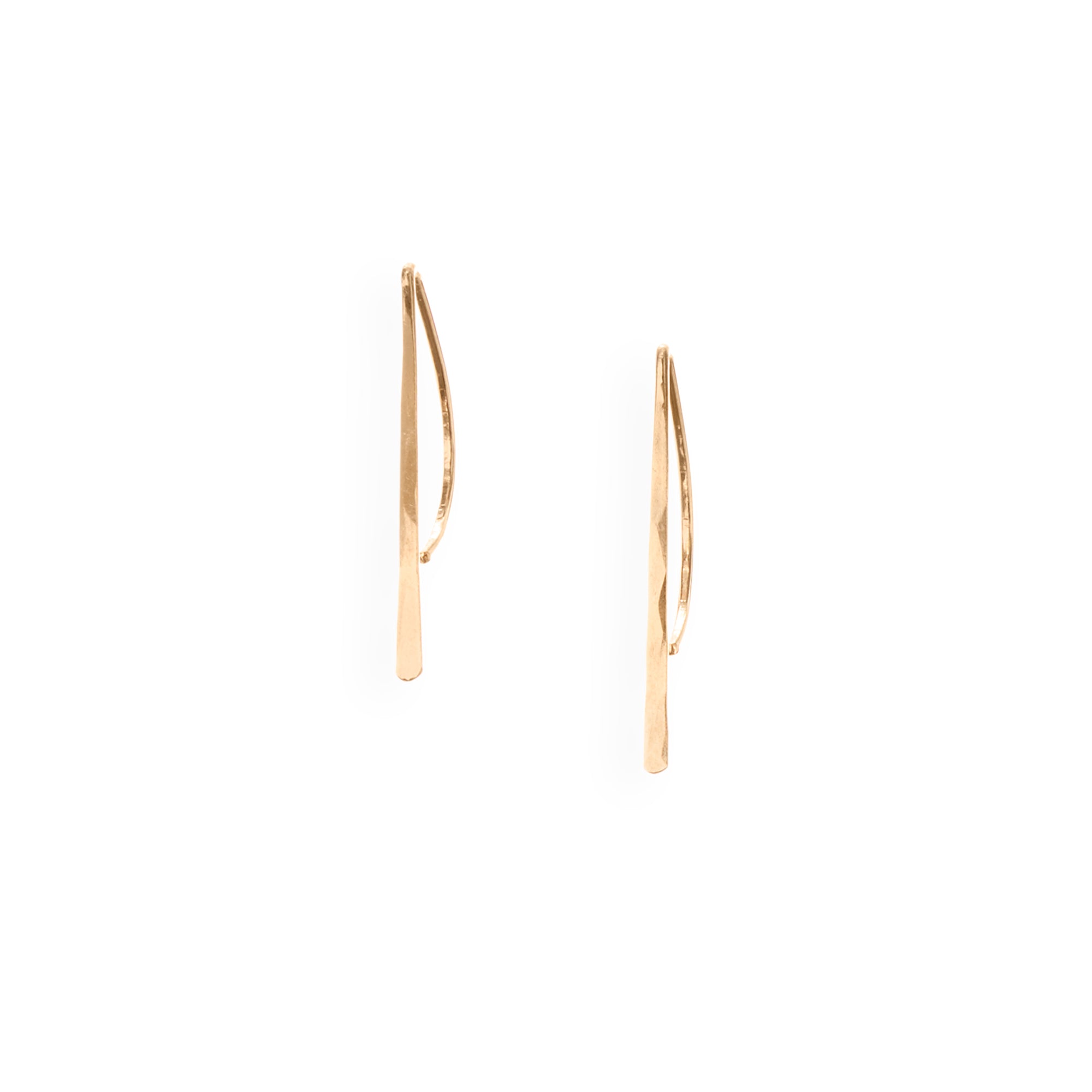 14k gold Bow Hook, delicate threader earrings feature a forged wire front and an arch that hangs behind the earlobe
