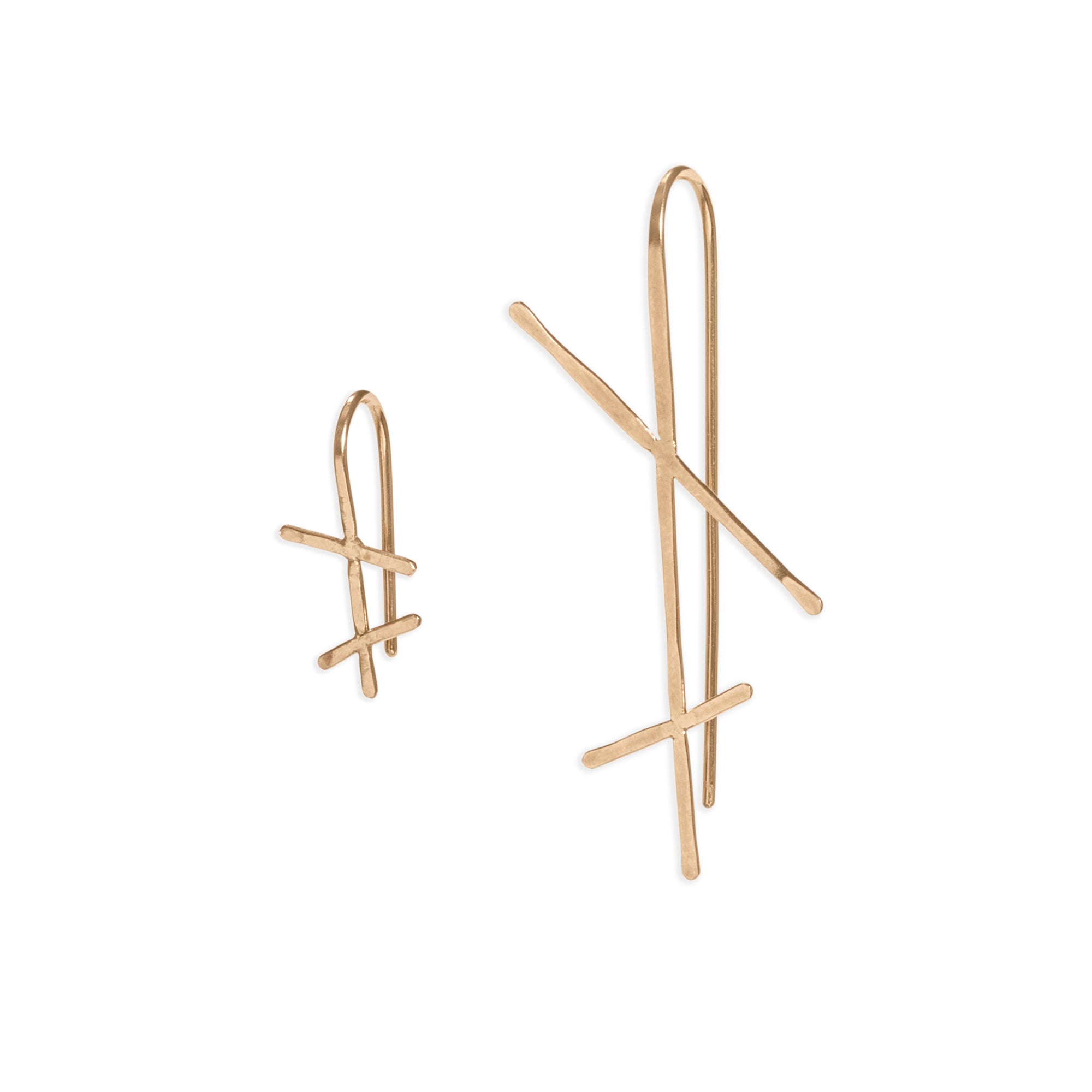 Chaos hook, modern hook earrings made from 14k gold, featuring a hammered wire drop with two intersecting bars.