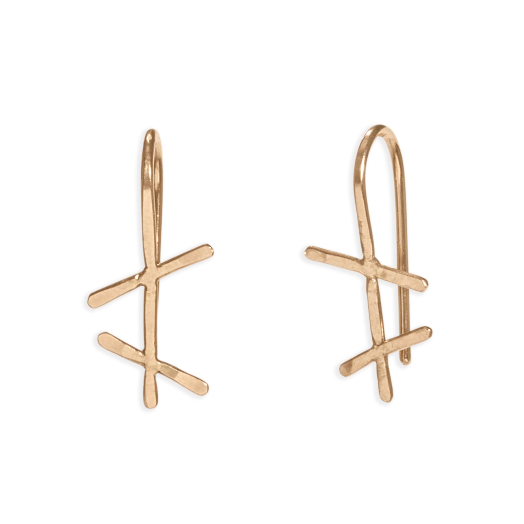 Chaos hook, modern hook earrings made from 14k gold, featuring a hammered wire drop with two intersecting bars.