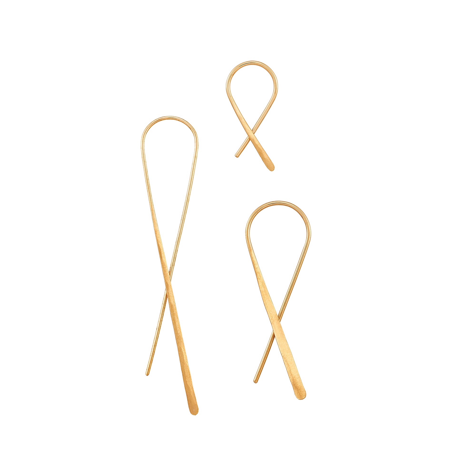 Crossed Hook earrings, these delicate and modern threaders feature crossed 14k gold wire forged on one side. 