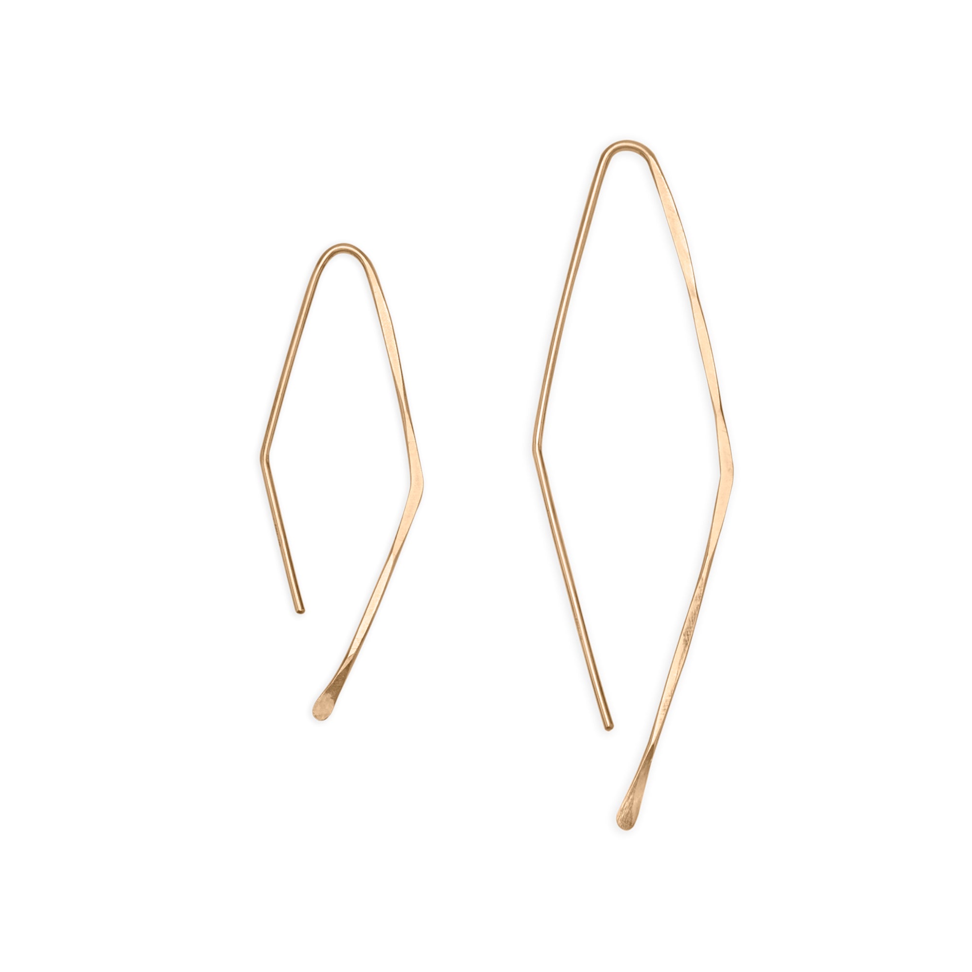Diamond Hoop earrings, featuring a hammered 14k gold wire that hangs on either side of the earlobe creating a diamond shape