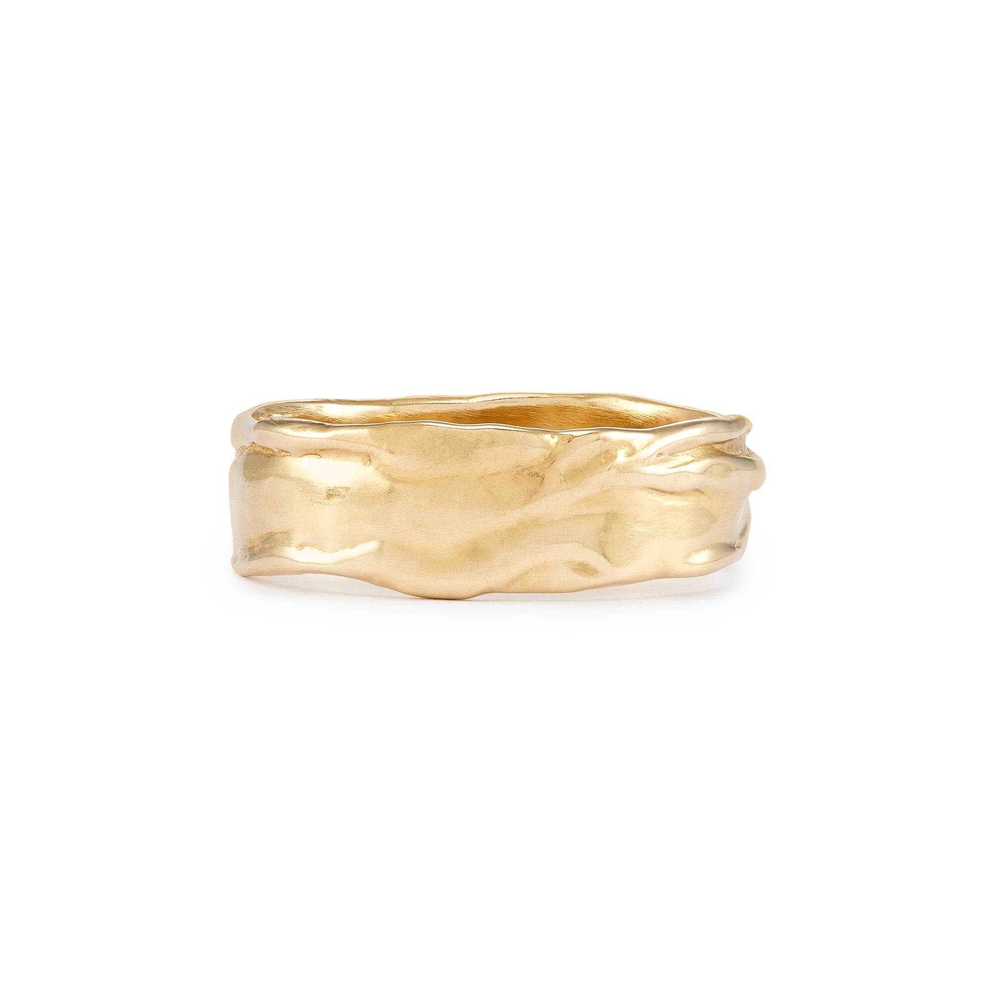 The striking Drift Band is a beautifully textured modern ring in 14k yellow gold creating a lightweight and organic band.