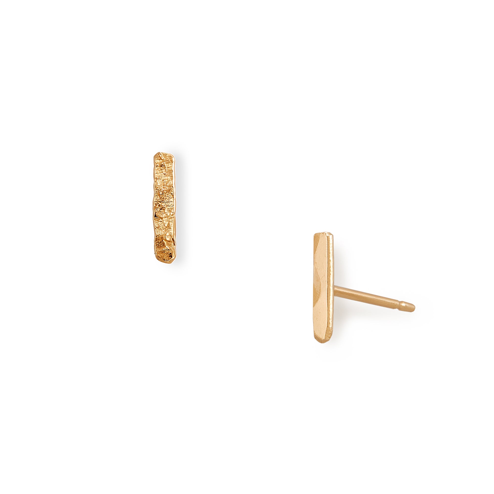 The Dash Stud, modern simplicity in 14k gold with your choice of classic hammered textured or nugget texture
