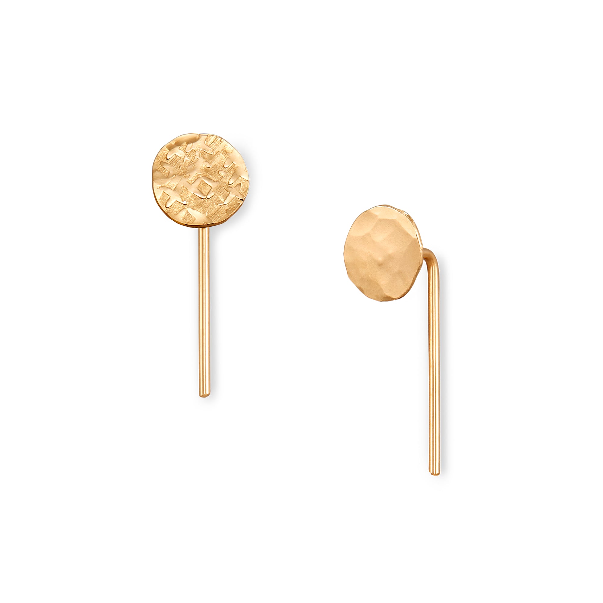 The Disc Hook, modern simplicity in 14k gold with your choice of classic hammered textured or nugget texture