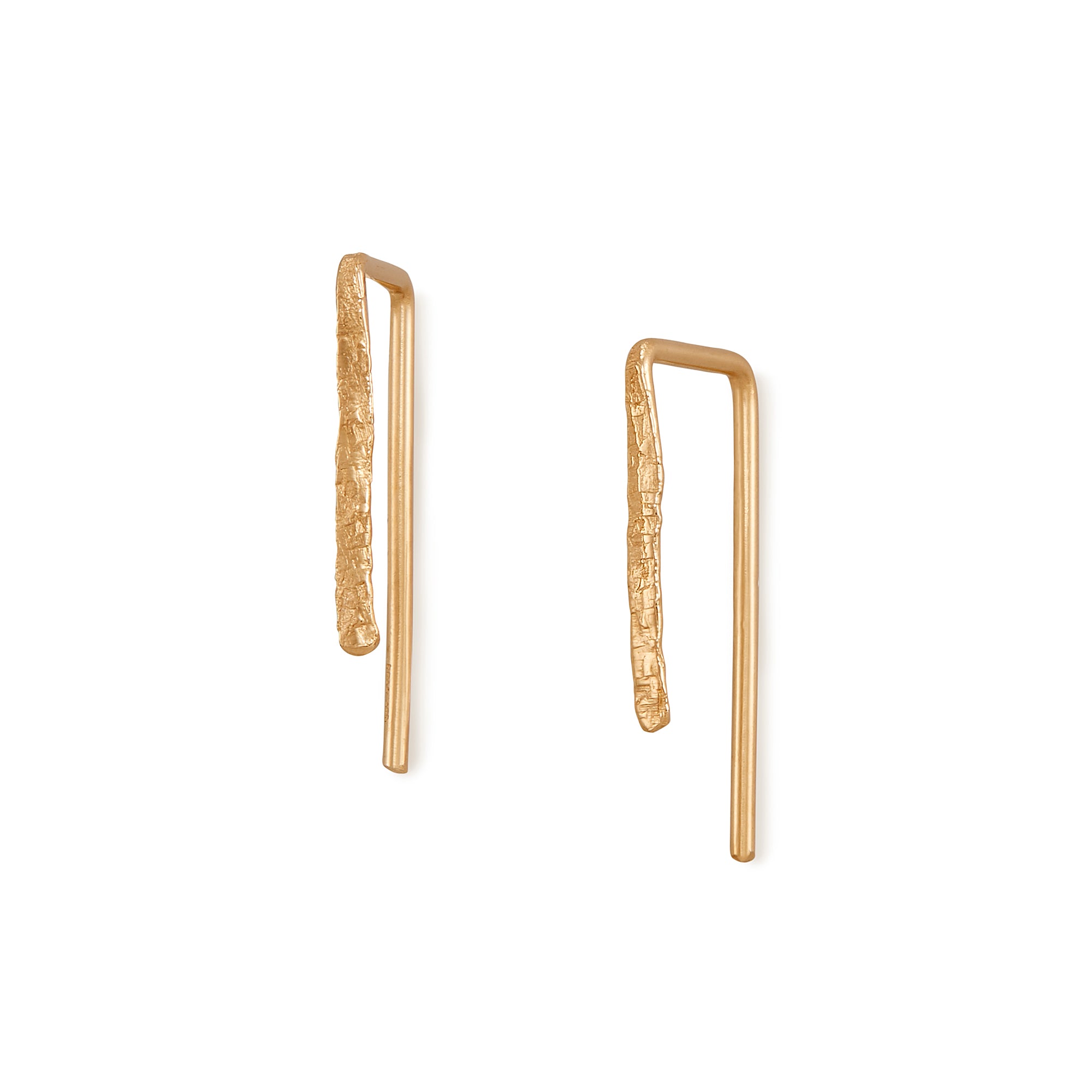 The Staple Hook, a modern threader earring in 14k gold with your choice of classic hammered textured or nugget texture