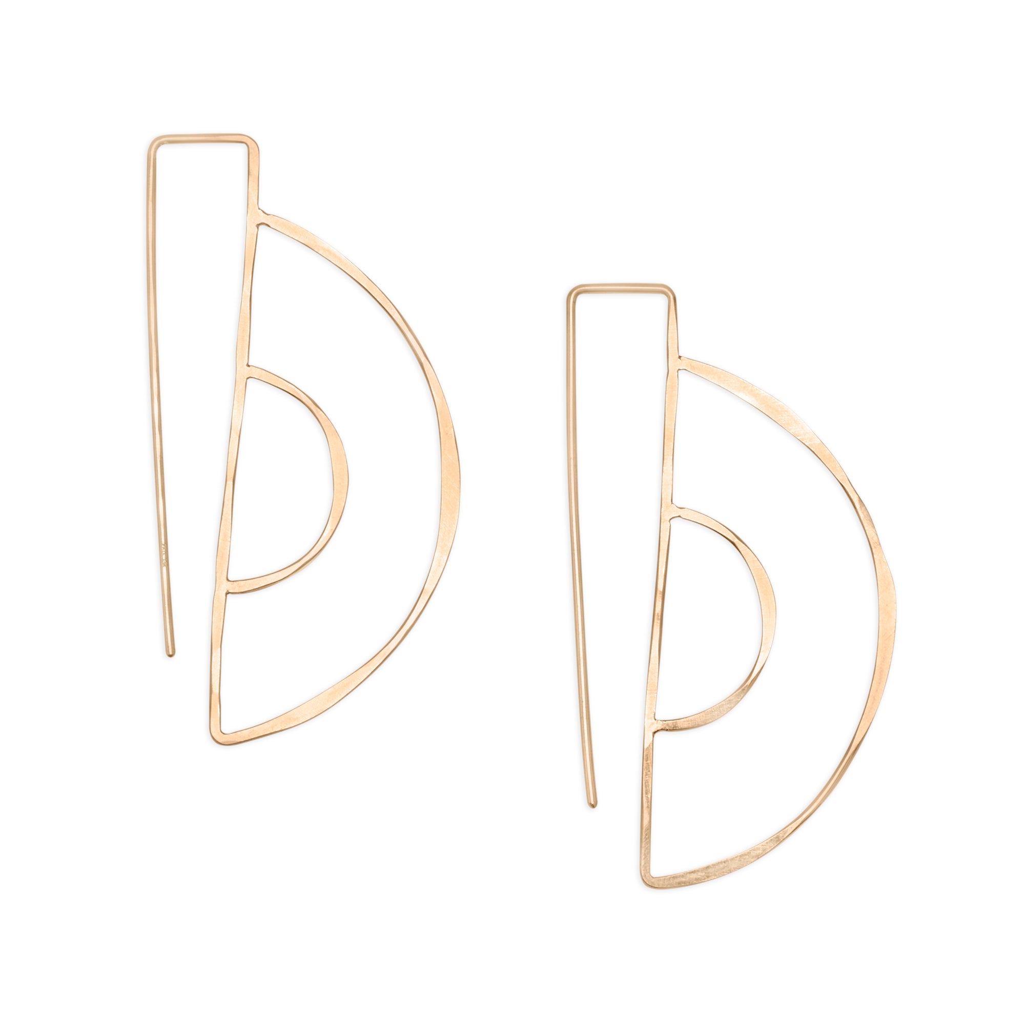 Parallel Hooks, delicate modern threader earrings in 14k gold, featuring hand forged double semicircles 