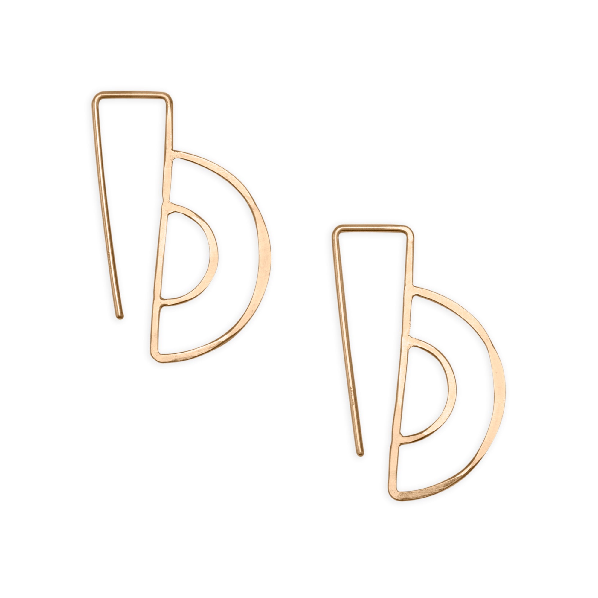 Parallel Hooks, delicate modern threader earrings in 14k gold, featuring hand forged double semicircles 