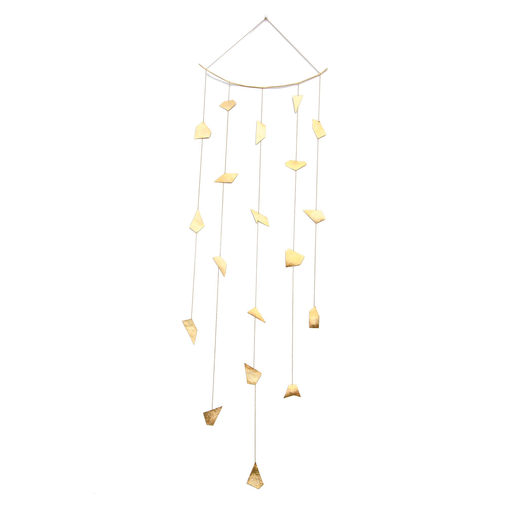 The Organic 5 Strand Mobile features organic hand-cut and forged brass sheet and wire with vintage brass chain. 