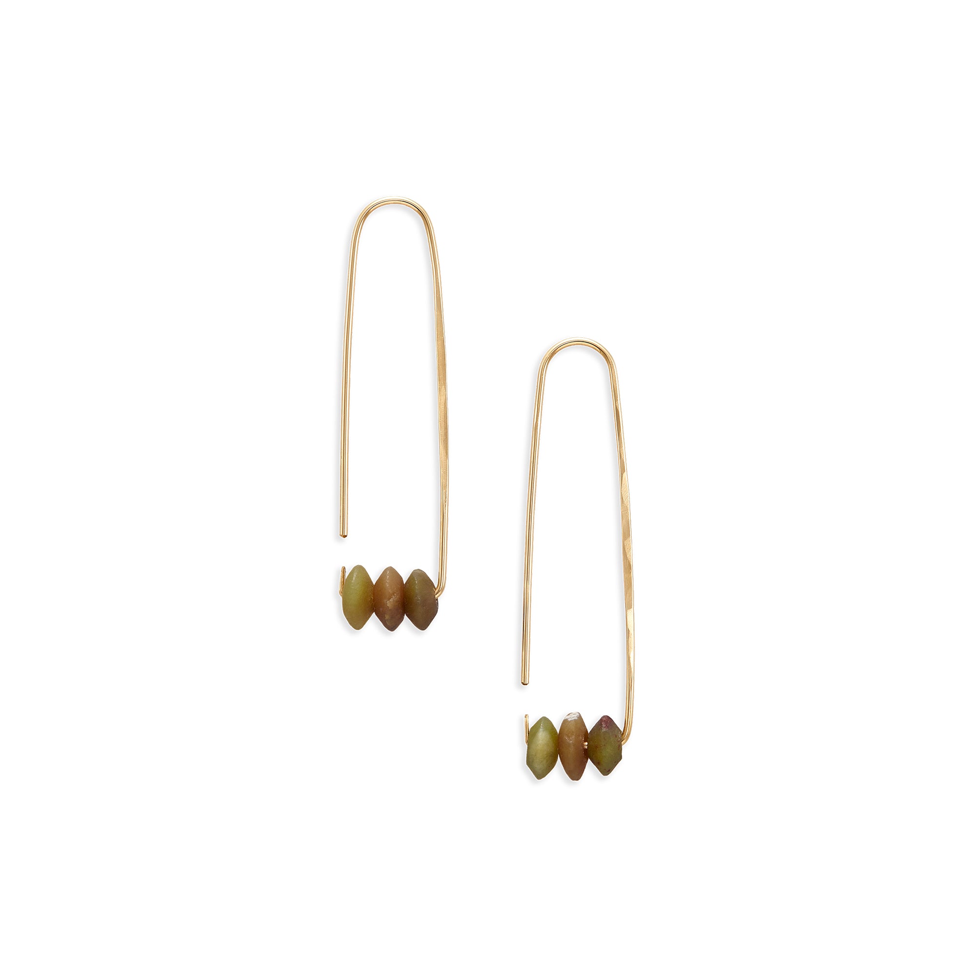 The Elongated Aura Hoops are made of 14k yellow gold fill or sterling silver and adorned with your choice of beads.