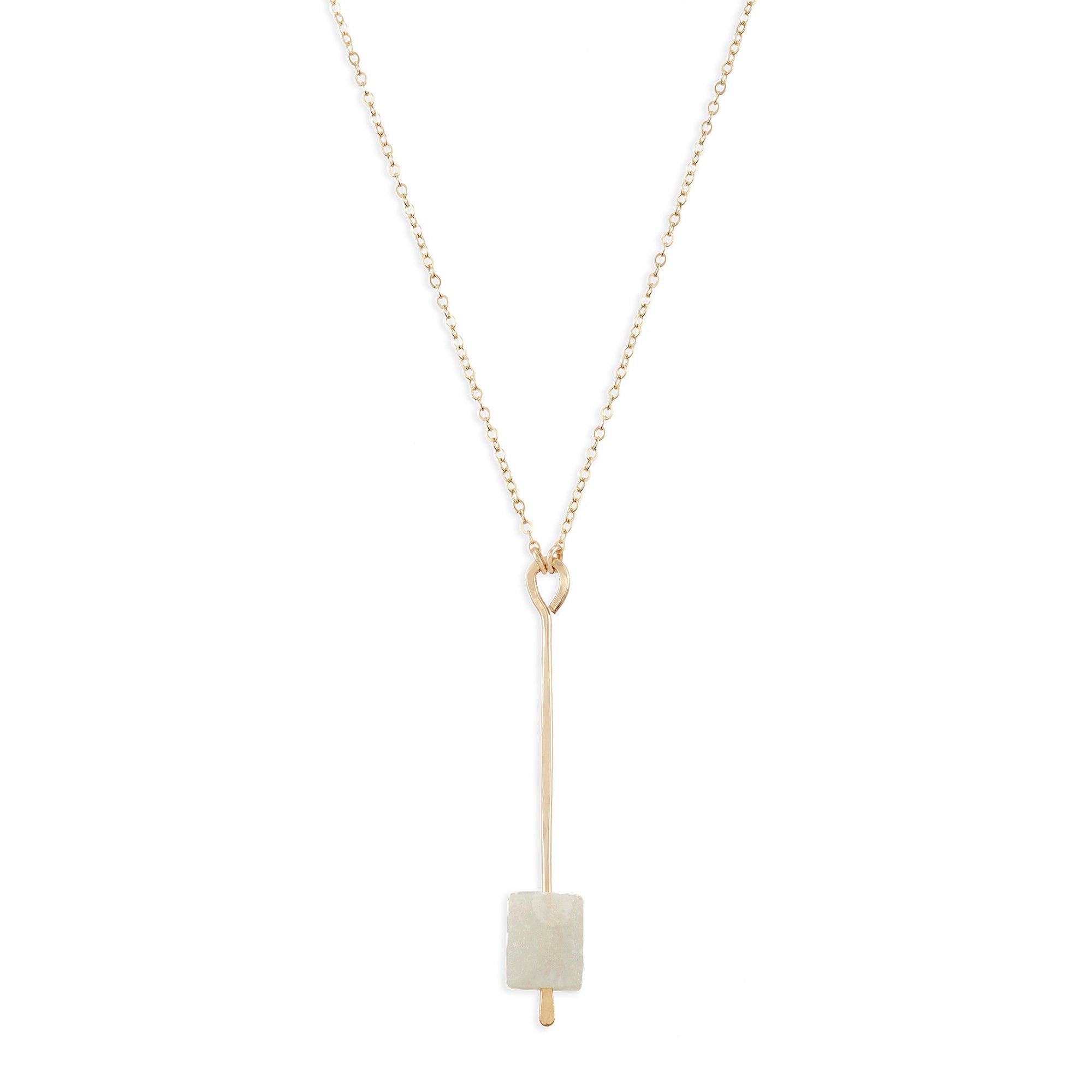 The Pendulum Necklace features frosted onyx suspended from a forged pendant in either sterling silver or 14k gold fill.
