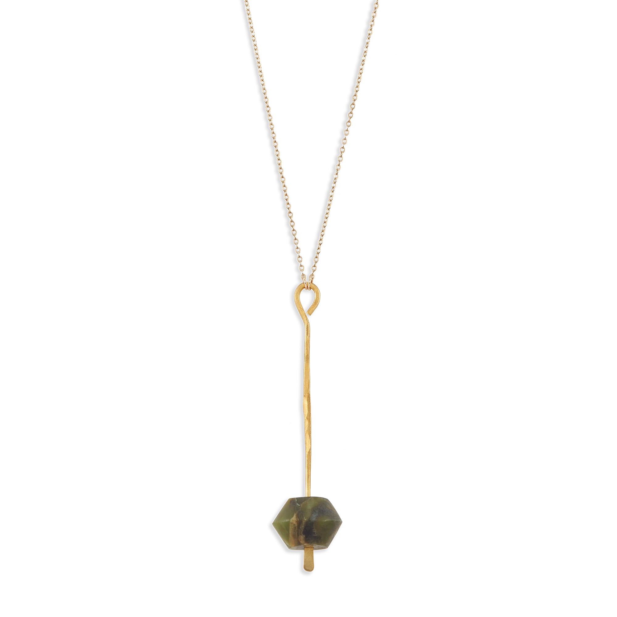 The Raze Necklace features a semi-precious beveled onyx bead suspended from a hammered bar on a long layering necklace.   